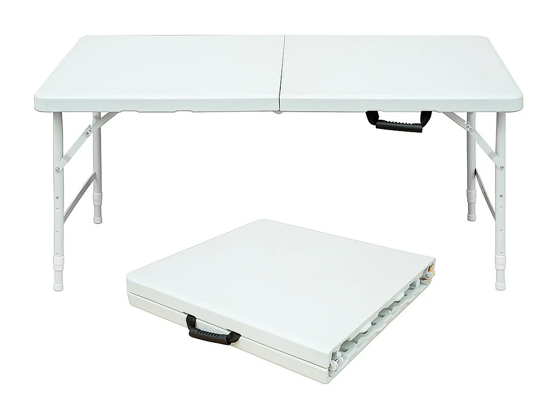 Table pliante portable 125 cm robuste poignée hauteur réglable multifonction camping pique-nique fêtes intérieur extérieur charge 135 kg blanc