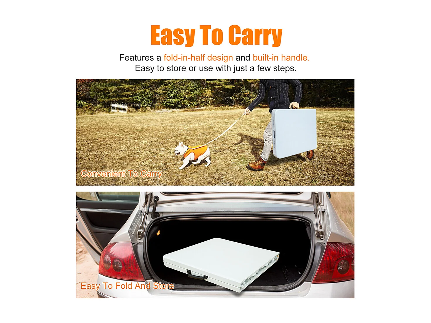 Table pliante portable 125 cm robuste poignée hauteur réglable multifonction camping pique-nique fêtes intérieur extérieur charge 135 kg blanc