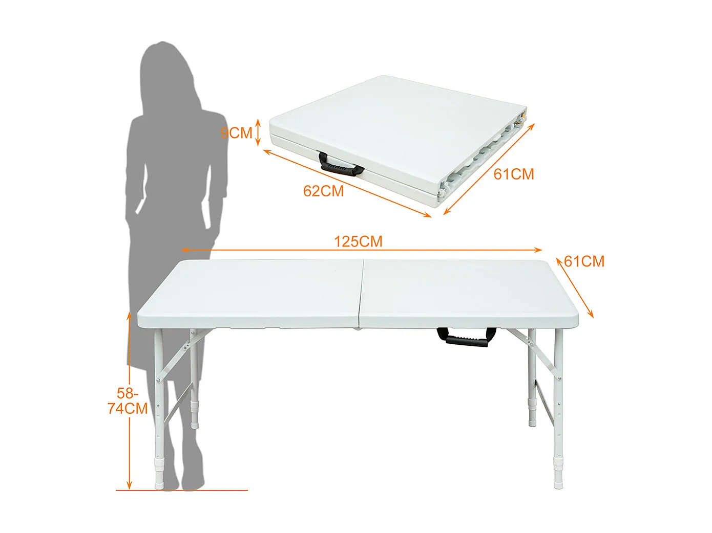 Table pliante portable 125 cm robuste poignée hauteur réglable multifonction camping pique-nique fêtes intérieur extérieur charge 135 kg blanc