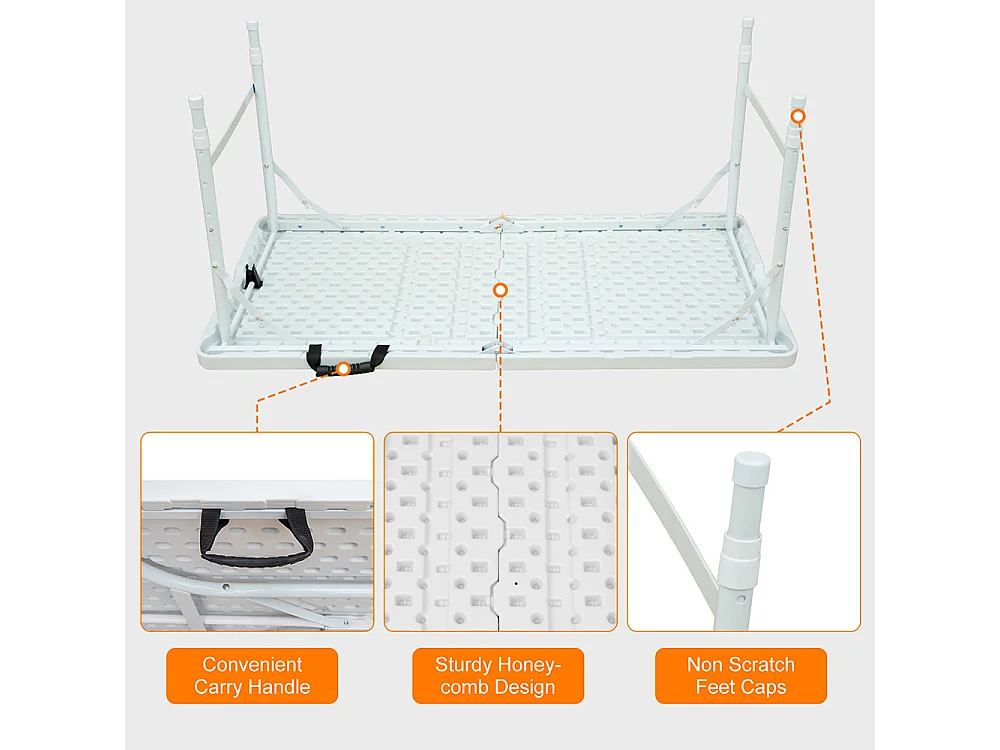 Table pliante portable 125 cm robuste poignée hauteur réglable multifonction camping pique-nique fêtes intérieur extérieur charge 135 kg blanc