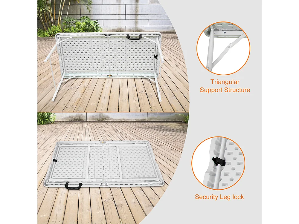 Table pliante portable 125 cm robuste poignée hauteur réglable multifonction camping pique-nique fêtes intérieur extérieur charge 135 kg blanc