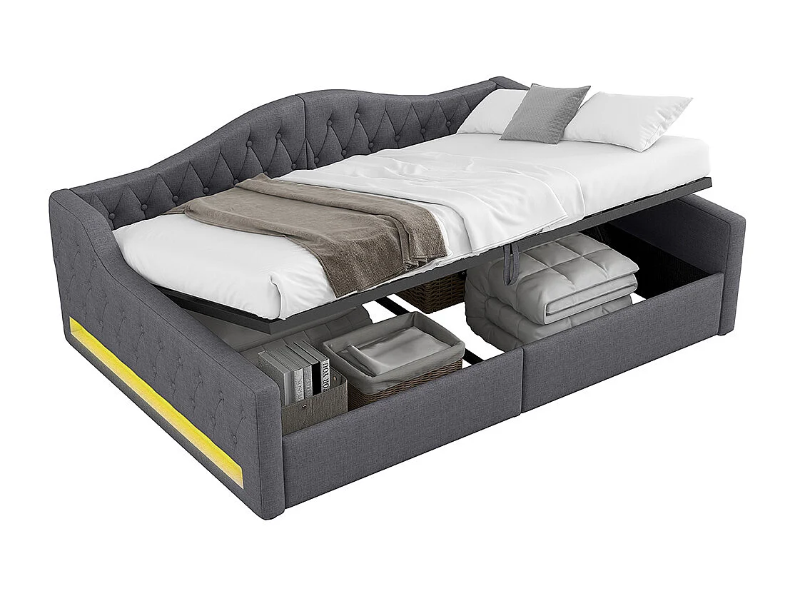 Lit banquette rembourré 140x200 bande LED rangement dessous gris