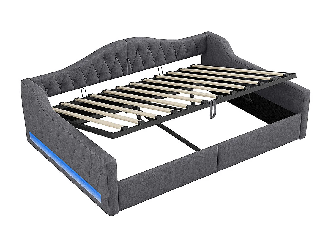 Lit banquette rembourré 140x200 bande LED rangement dessous gris