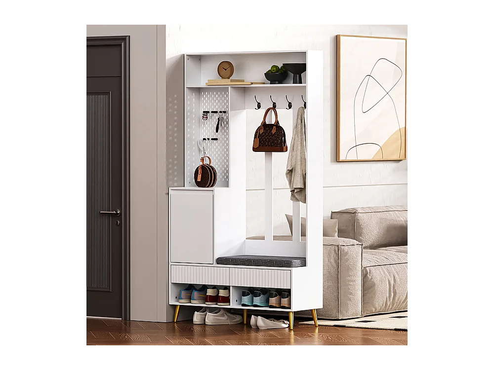 Vestiaire blanc porte-manteau mural banc à chaussures 4 crochets deux tiroirs 1 porte