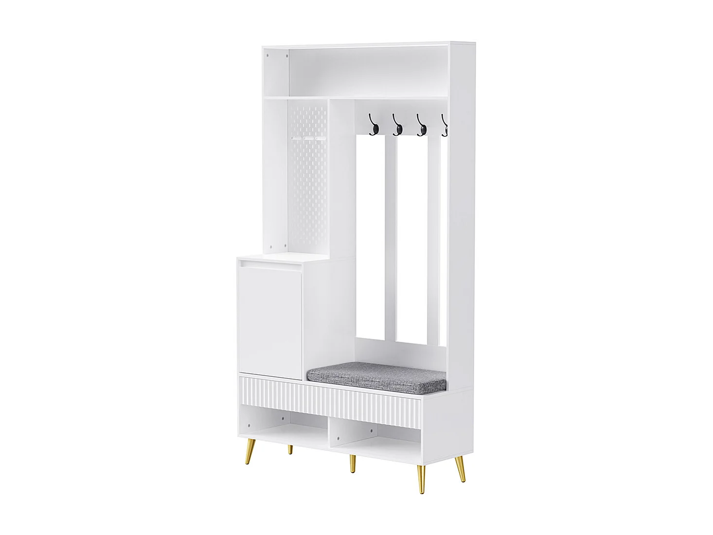 Vestiaire blanc porte-manteau mural banc à chaussures 4 crochets deux tiroirs 1 porte