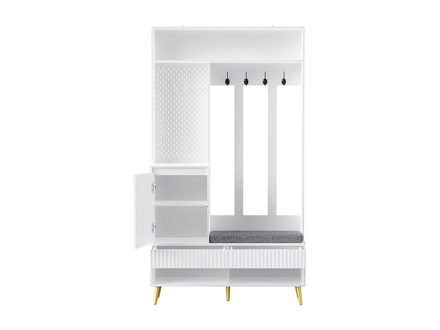 Vestiaire blanc porte-manteau mural banc à chaussures 4 crochets deux tiroirs 1 porte