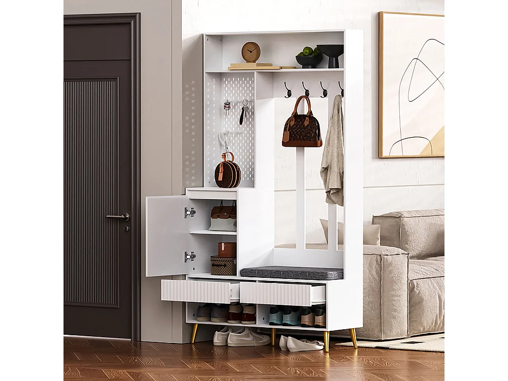 Vestiaire blanc porte-manteau mural banc à chaussures 4 crochets deux tiroirs 1 porte