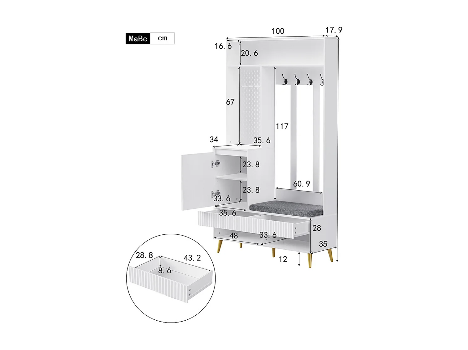 Vestiaire blanc porte-manteau mural banc à chaussures 4 crochets deux tiroirs 1 porte