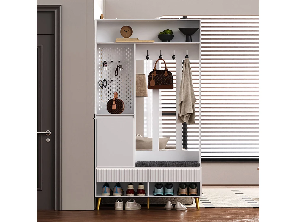 Vestiaire blanc porte-manteau mural banc à chaussures 4 crochets deux tiroirs 1 porte