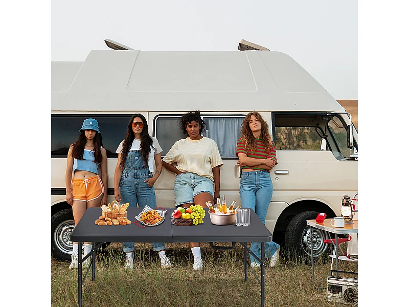 Table pliante portable 125 cm robuste poignée hauteur réglable multifonction camping pique-nique fêtes intérieur extérieur charge 135 kg noir