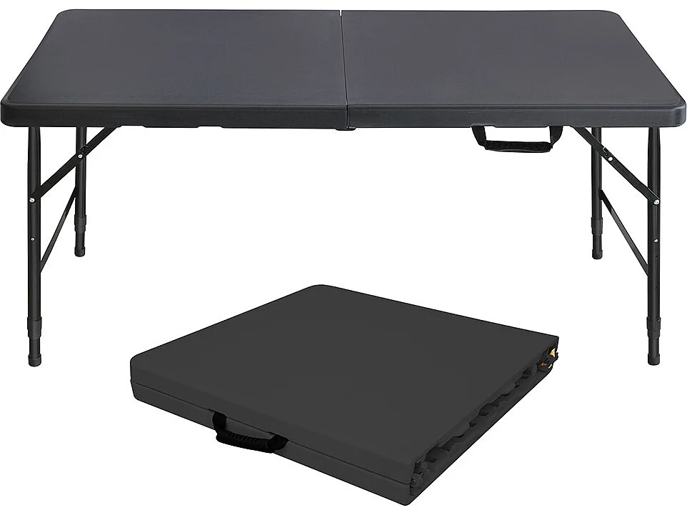 Table pliante portable 125 cm robuste poignée hauteur réglable multifonction camping pique-nique fêtes intérieur extérieur charge 135 kg noir
