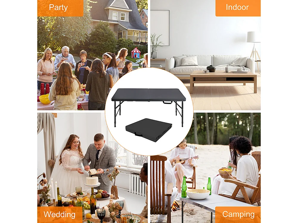 Table pliante portable 125 cm robuste poignée hauteur réglable multifonction camping pique-nique fêtes intérieur extérieur charge 135 kg noir