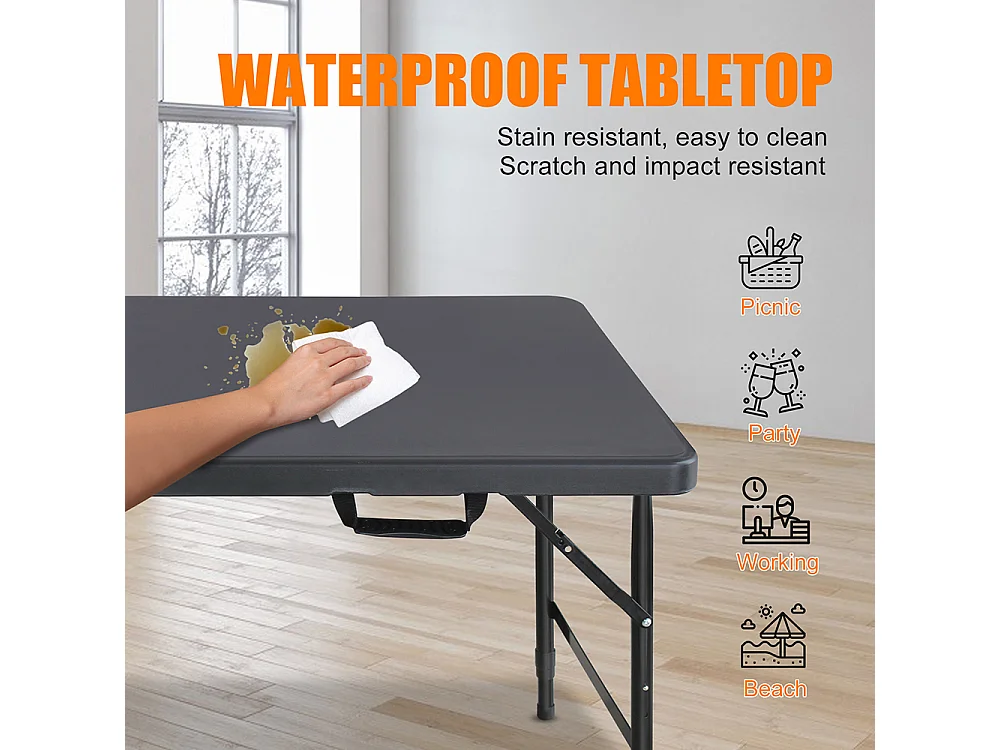 Table pliante portable 125 cm robuste poignée hauteur réglable multifonction camping pique-nique fêtes intérieur extérieur charge 135 kg noir