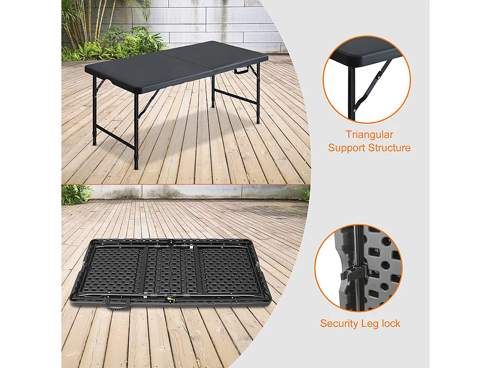 Table pliante portable 125 cm robuste poignée hauteur réglable multifonction camping pique-nique fêtes intérieur extérieur charge 135 kg noir