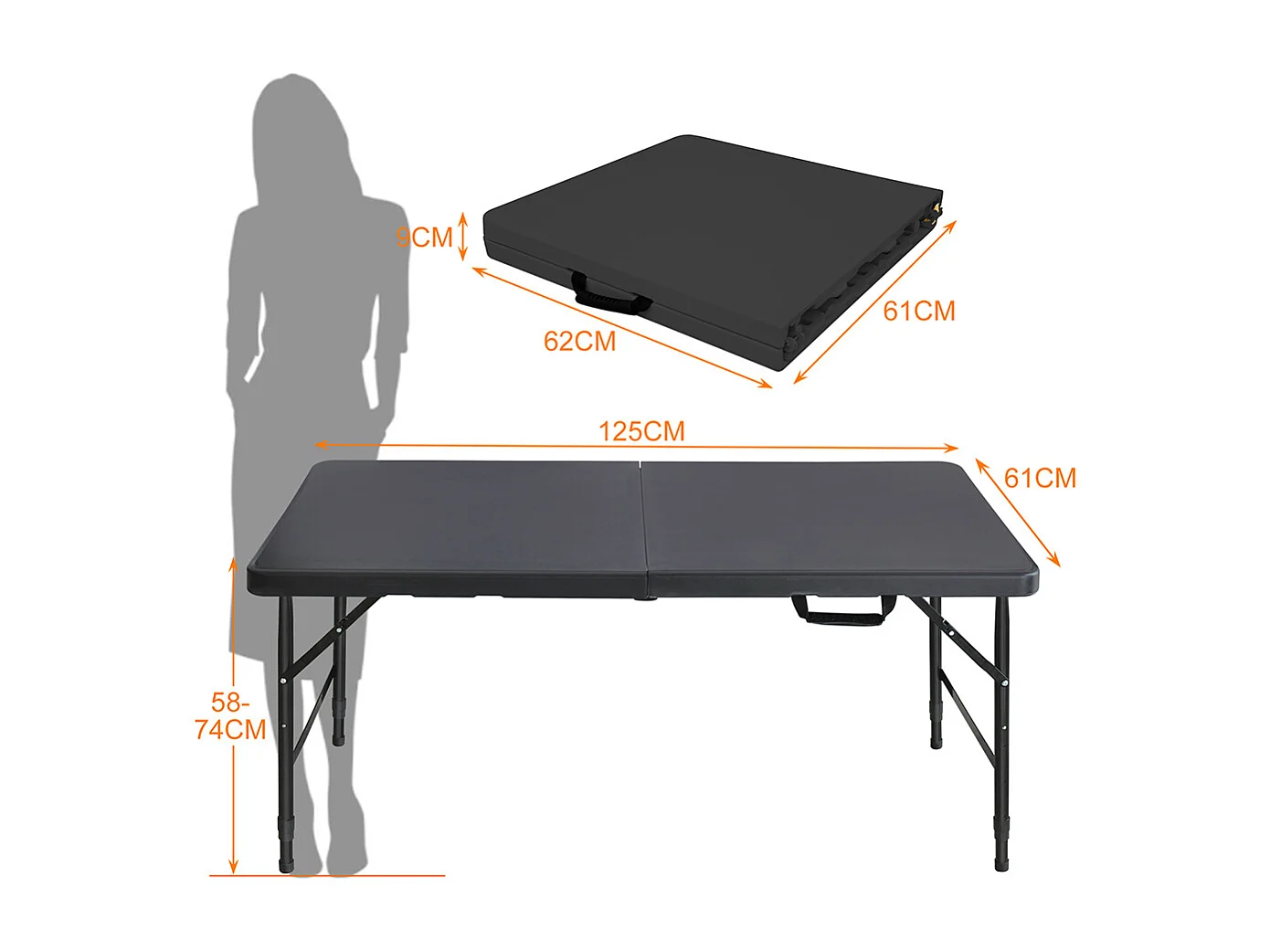 Table pliante portable 125 cm robuste poignée hauteur réglable multifonction camping pique-nique fêtes intérieur extérieur charge 135 kg noir