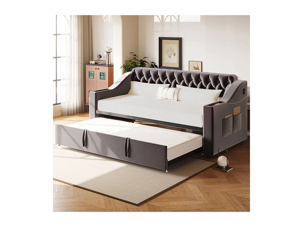 Lit banquette rembourré 90/180*190 accoudoirs avec port USB rangement intégré dans les accoudoirs avec poches de rangement tissu velours gris foncé