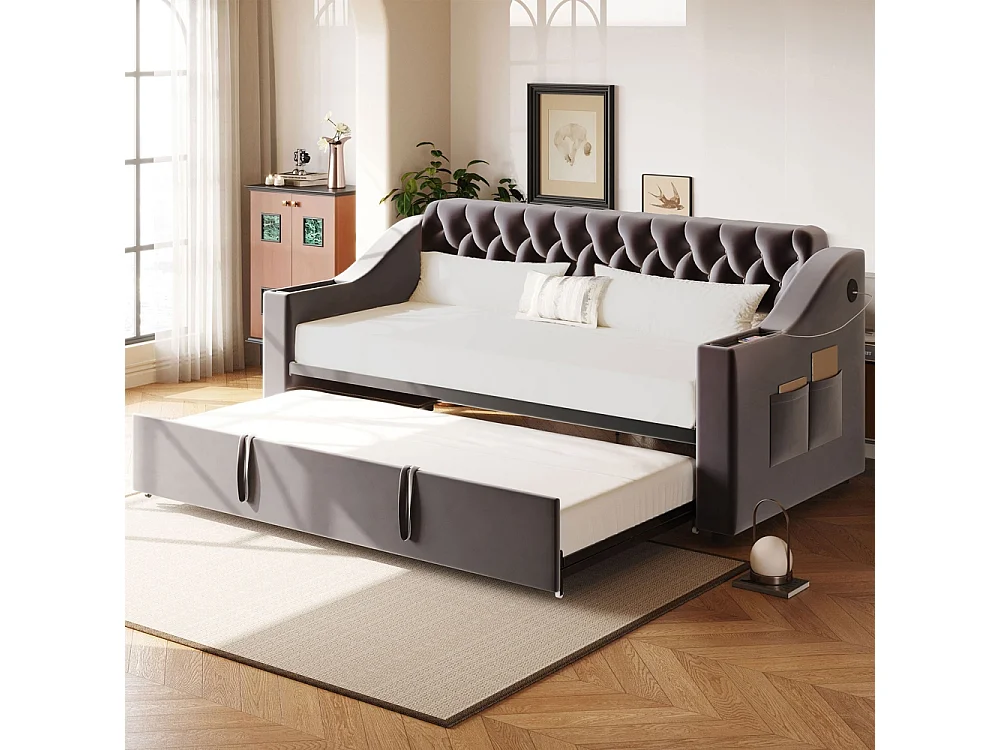 Lit banquette rembourré 90/180*190 accoudoirs avec port USB rangement intégré dans les accoudoirs avec poches de rangement tissu velours gris foncé