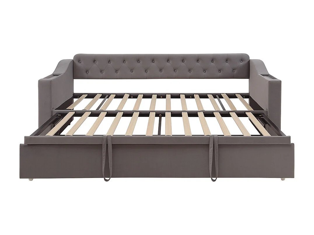 Lit banquette rembourré 90/180*190 accoudoirs avec port USB rangement intégré dans les accoudoirs avec poches de rangement tissu velours gris foncé