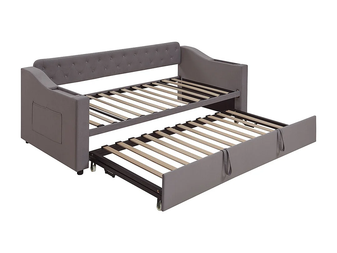 Lit banquette rembourré 90/180*190 accoudoirs avec port USB rangement intégré dans les accoudoirs avec poches de rangement tissu velours gris foncé