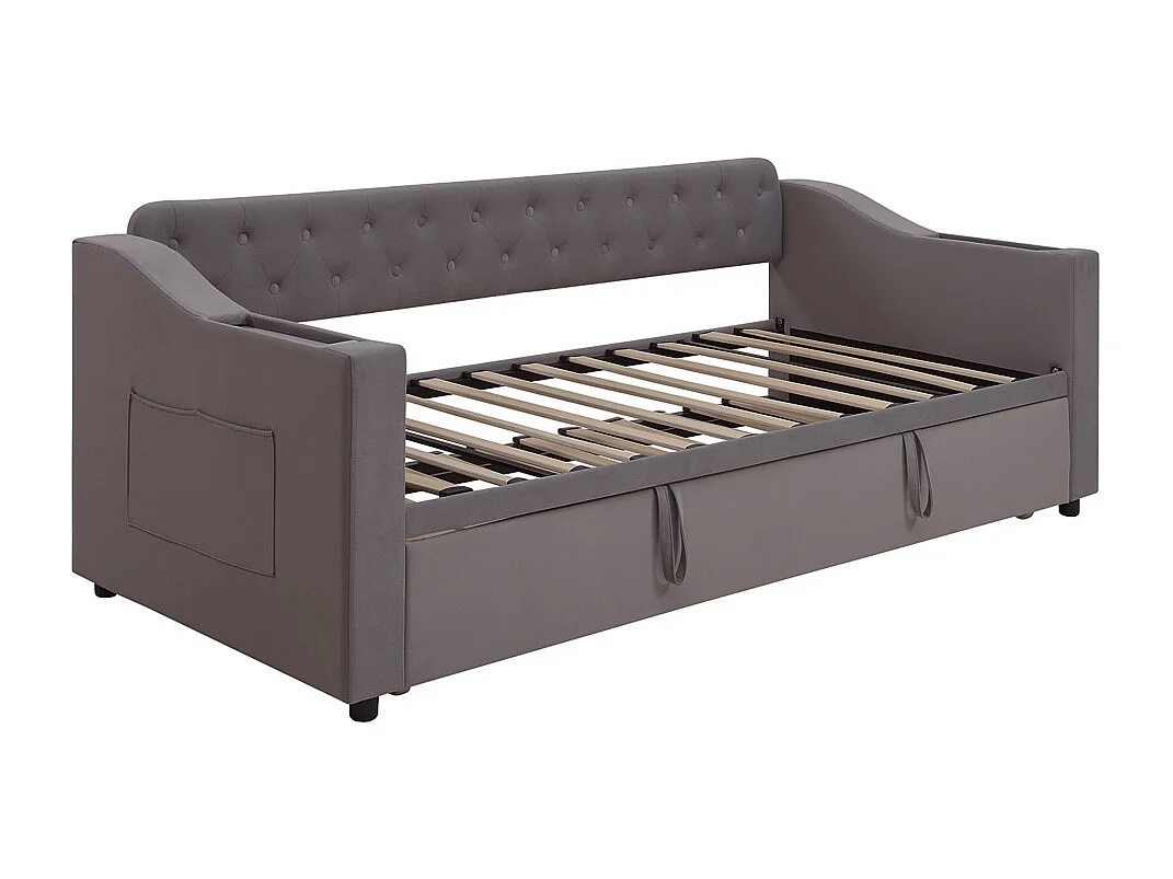 Lit banquette rembourré 90/180*190 accoudoirs avec port USB rangement intégré dans les accoudoirs avec poches de rangement tissu velours gris foncé