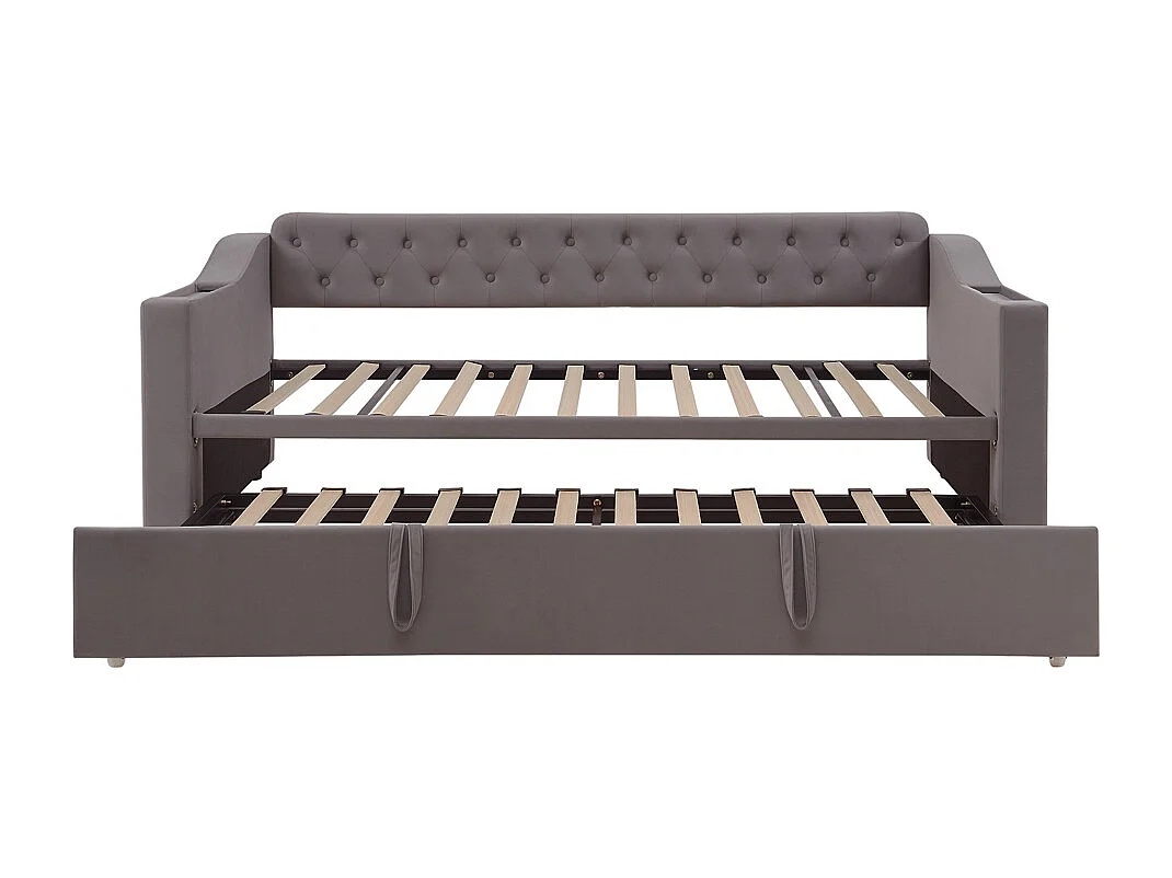 Lit banquette rembourré 90/180*190 accoudoirs avec port USB rangement intégré dans les accoudoirs avec poches de rangement tissu velours gris foncé
