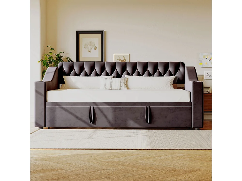 Lit banquette rembourré 90/180*190 accoudoirs avec port USB rangement intégré dans les accoudoirs avec poches de rangement tissu velours gris foncé