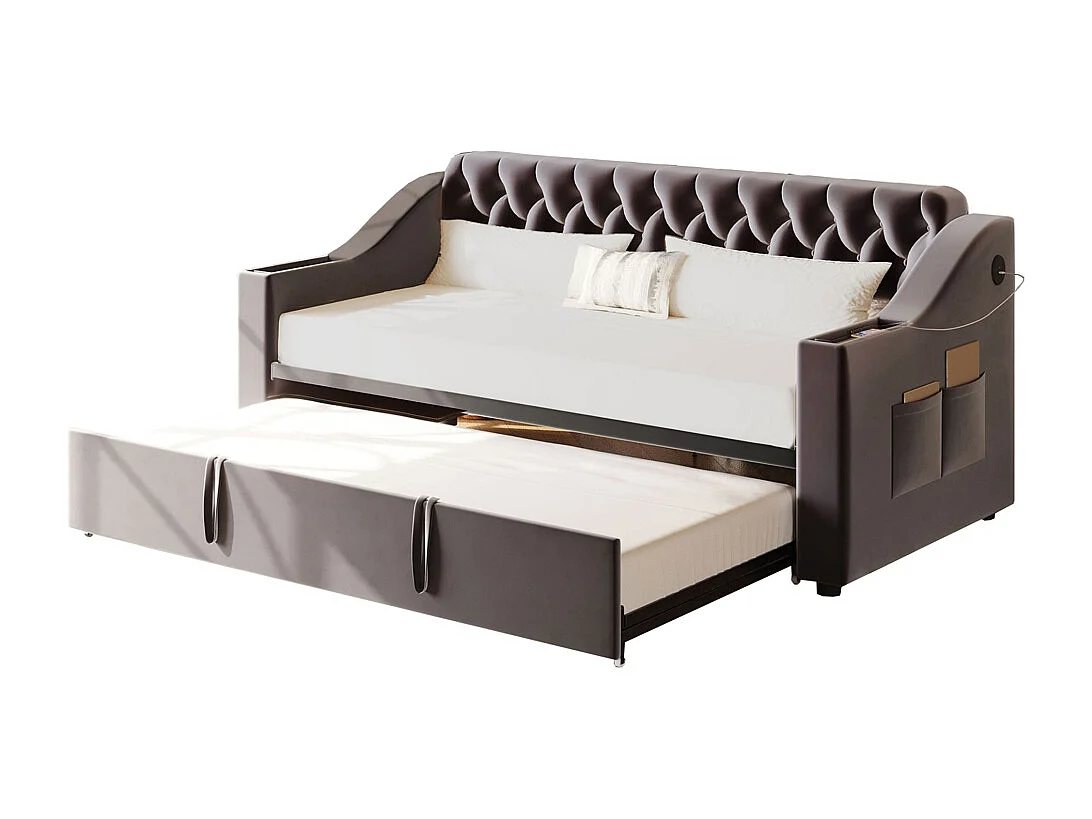 Lit banquette rembourré 90/180*190 accoudoirs avec port USB rangement intégré dans les accoudoirs avec poches de rangement tissu velours gris foncé
