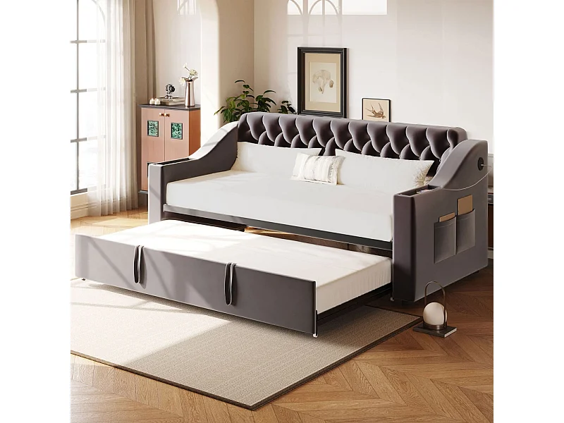 Lit banquette rembourré 90/180*190 accoudoirs avec port USB rangement intégré dans les accoudoirs avec poches de rangement tissu velours gris foncé