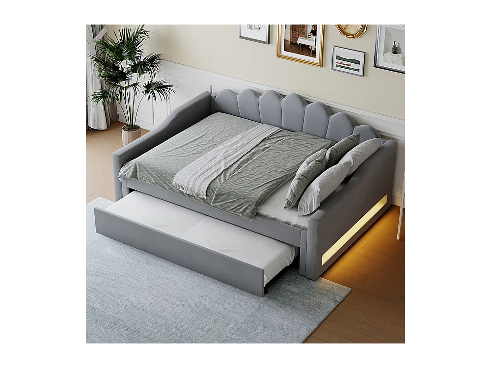 Lit banquette rembourré 140x200 bande LED lit gigogne gris