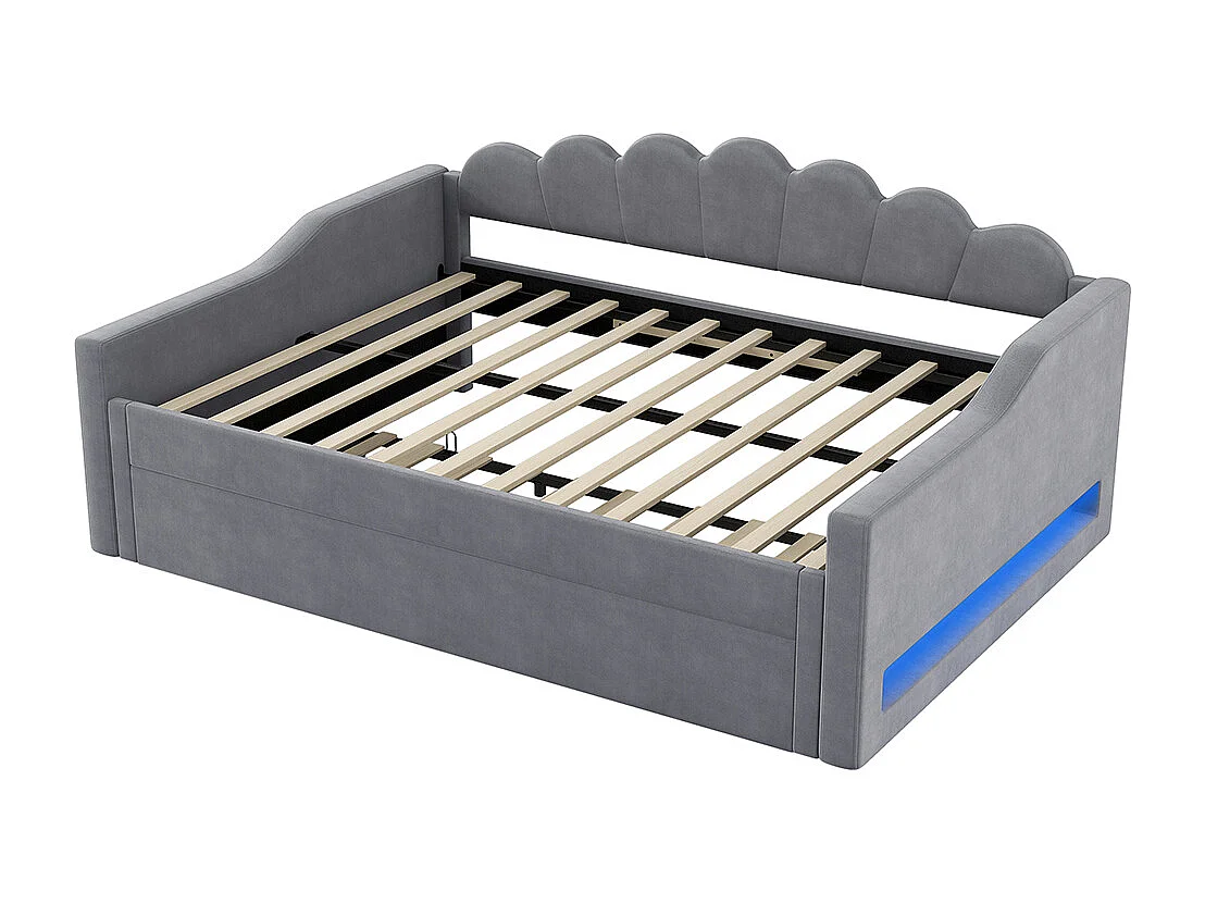 Lit banquette rembourré 140x200 bande LED lit gigogne gris