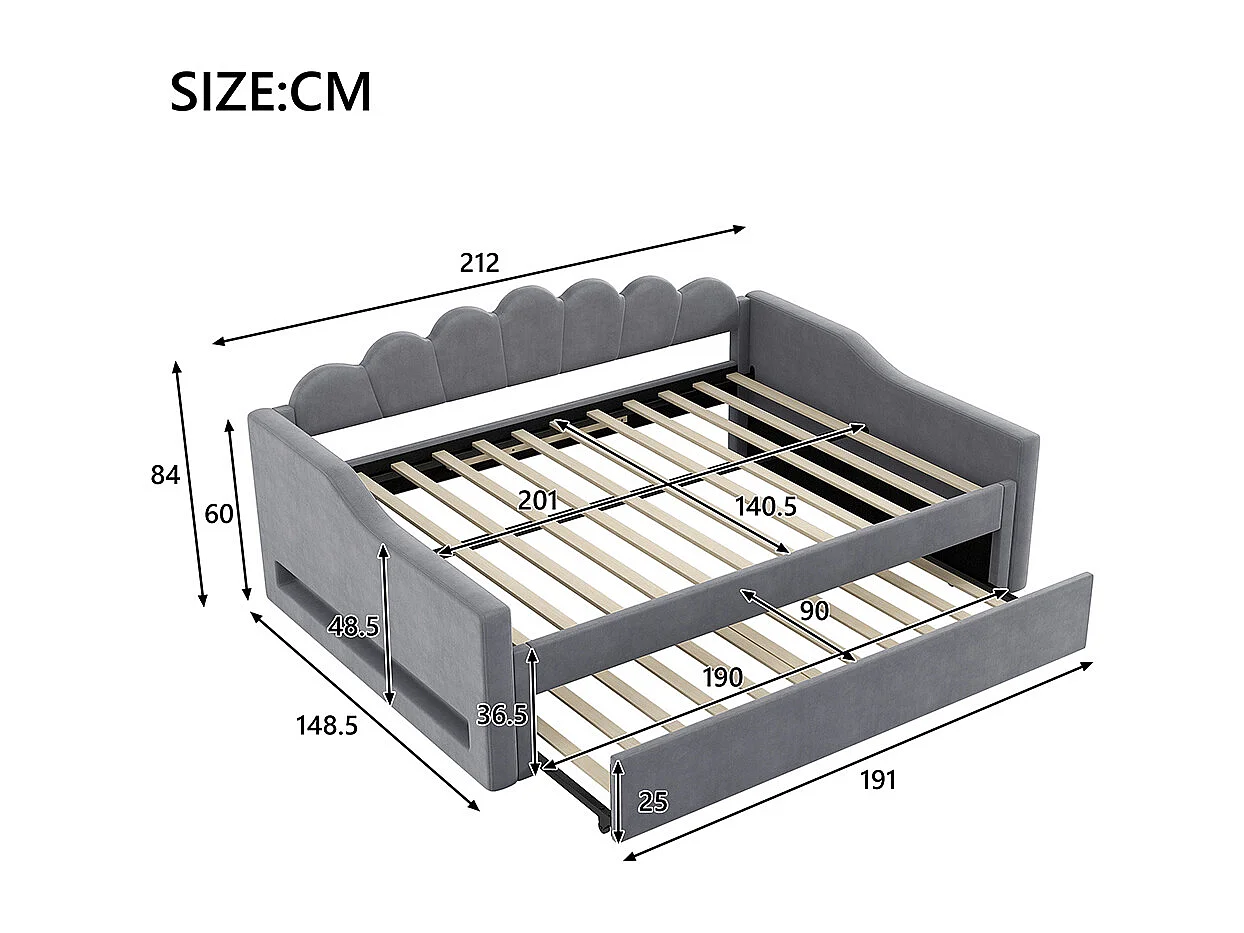 Lit banquette rembourré 140x200 bande LED lit gigogne gris