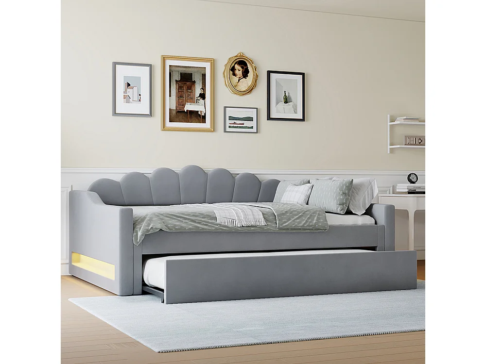 Lit banquette rembourré 140x200 bande LED lit gigogne gris