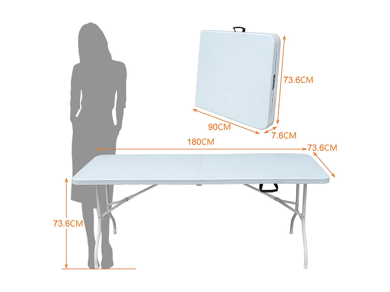 Table pliante portable 180 cm robuste poignée multifonction camping pique-nique fêtes intérieur extérieur charge 135 kg blanc