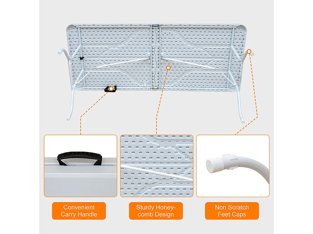 Table pliante portable 180 cm robuste poignée multifonction camping pique-nique fêtes intérieur extérieur charge 135 kg blanc