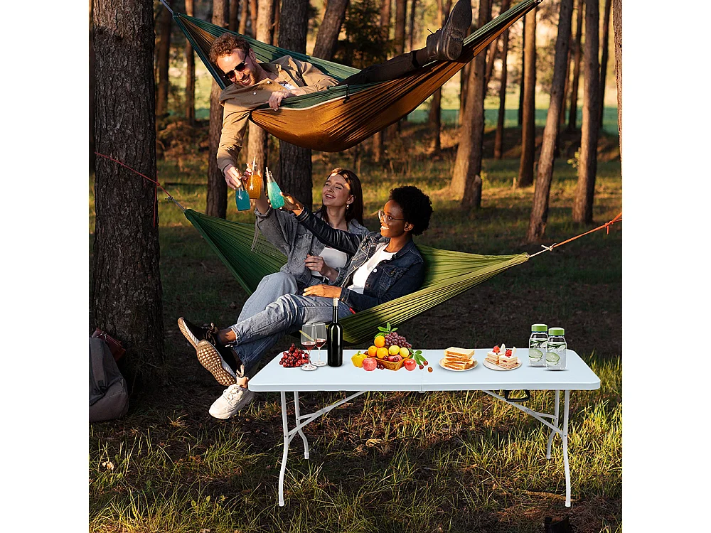 Table pliante portable 180 cm robuste poignée multifonction camping pique-nique fêtes intérieur extérieur charge 135 kg blanc