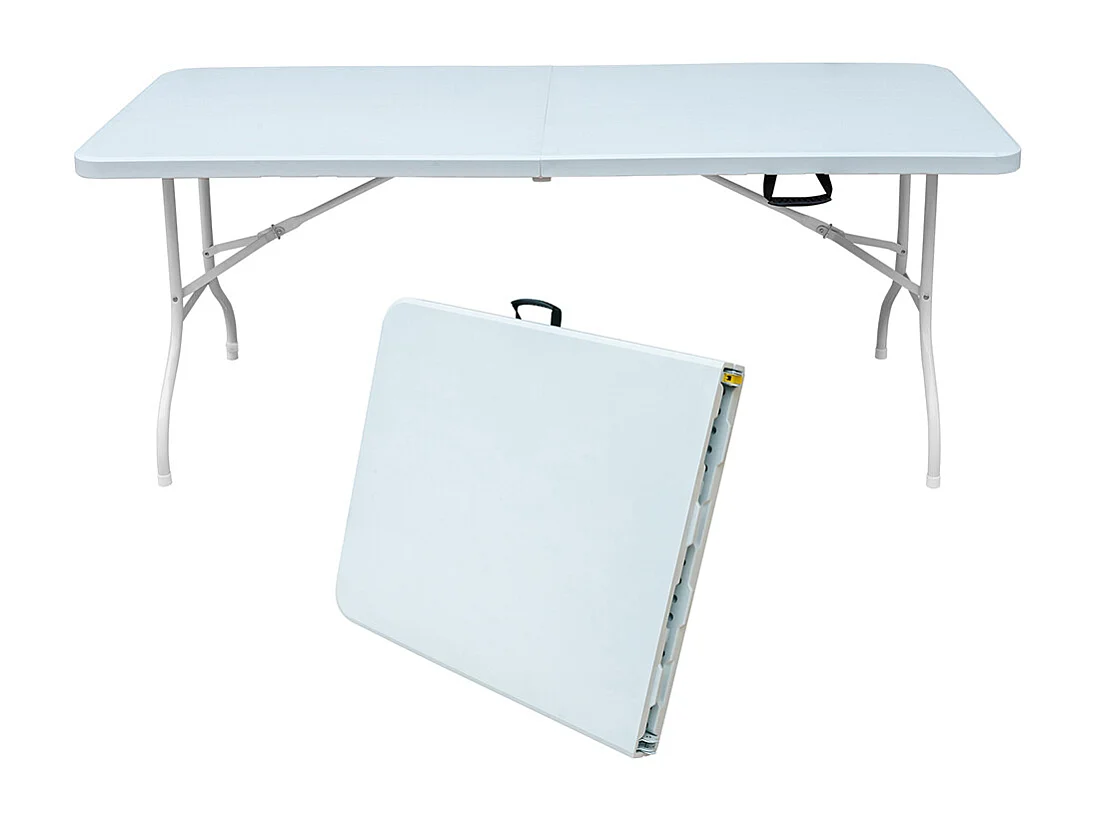 Table pliante portable 180 cm robuste poignée multifonction camping pique-nique fêtes intérieur extérieur charge 135 kg blanc
