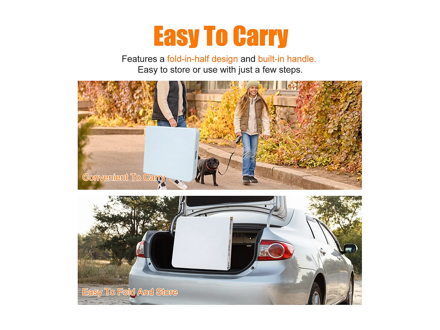 Table pliante portable 180 cm robuste poignée multifonction camping pique-nique fêtes intérieur extérieur charge 135 kg blanc