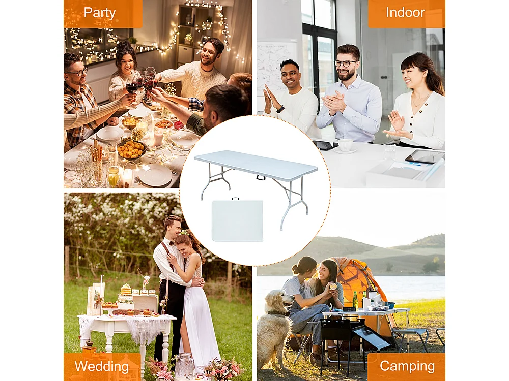 Table pliante portable 180 cm robuste poignée multifonction camping pique-nique fêtes intérieur extérieur charge 135 kg blanc