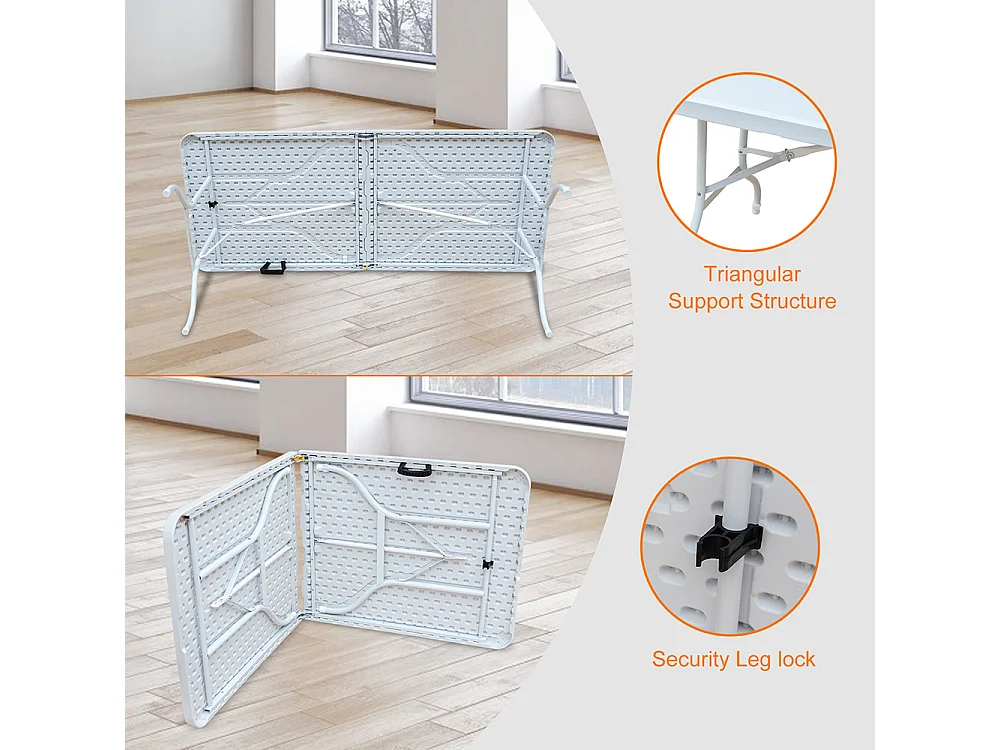 Table pliante portable 180 cm robuste poignée multifonction camping pique-nique fêtes intérieur extérieur charge 135 kg blanc
