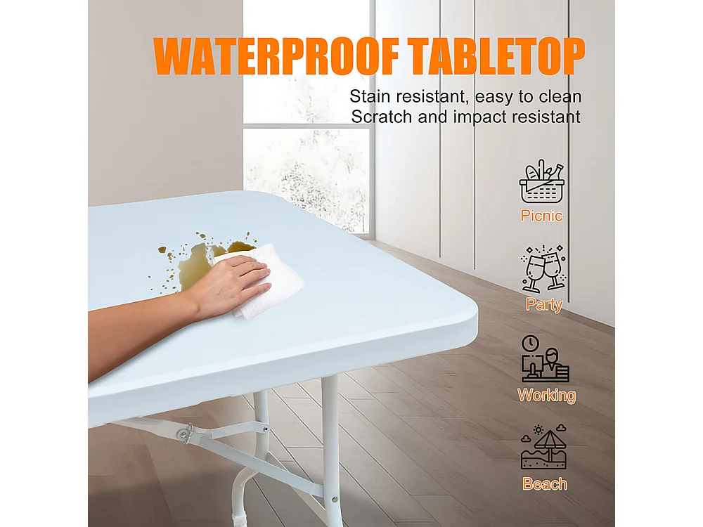 Table pliante portable 180 cm robuste poignée multifonction camping pique-nique fêtes intérieur extérieur charge 135 kg blanc