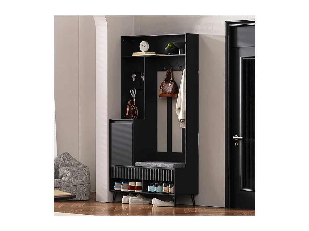 Vestiaire noir porte-manteau mural banc à chaussures 4 crochets deux tiroirs 1 porte