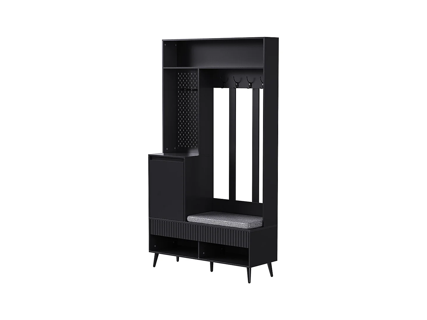 Vestiaire noir porte-manteau mural banc à chaussures 4 crochets deux tiroirs 1 porte