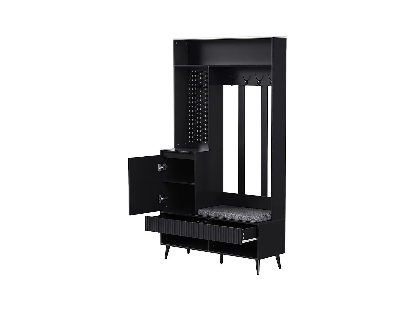 Vestiaire noir porte-manteau mural banc à chaussures 4 crochets deux tiroirs 1 porte