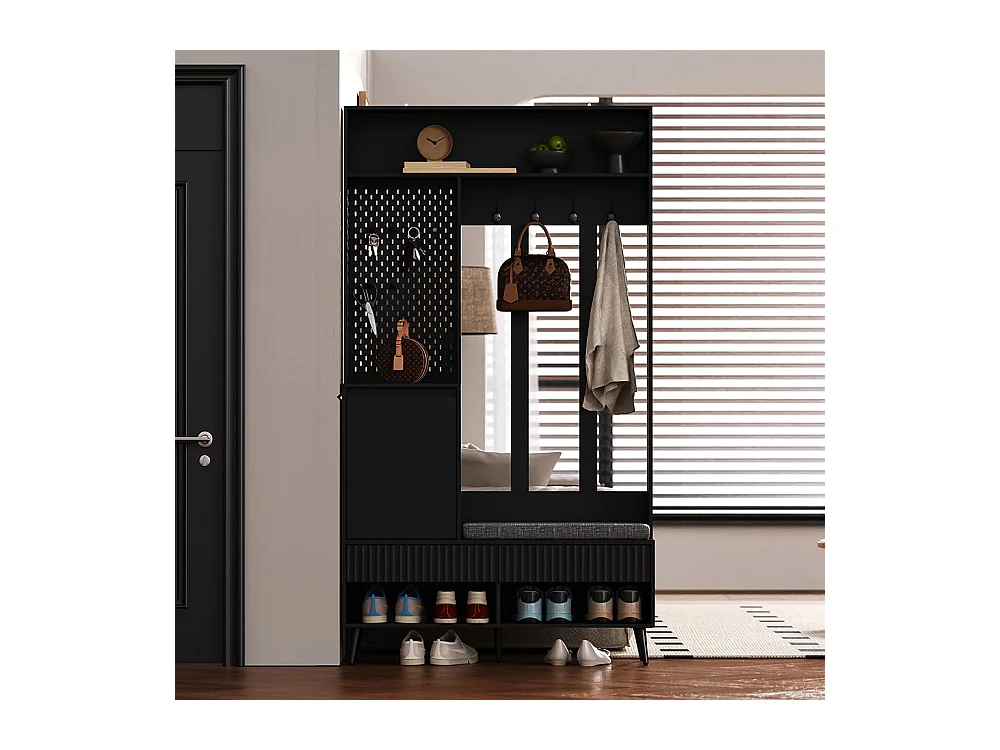 Vestiaire noir porte-manteau mural banc à chaussures 4 crochets deux tiroirs 1 porte