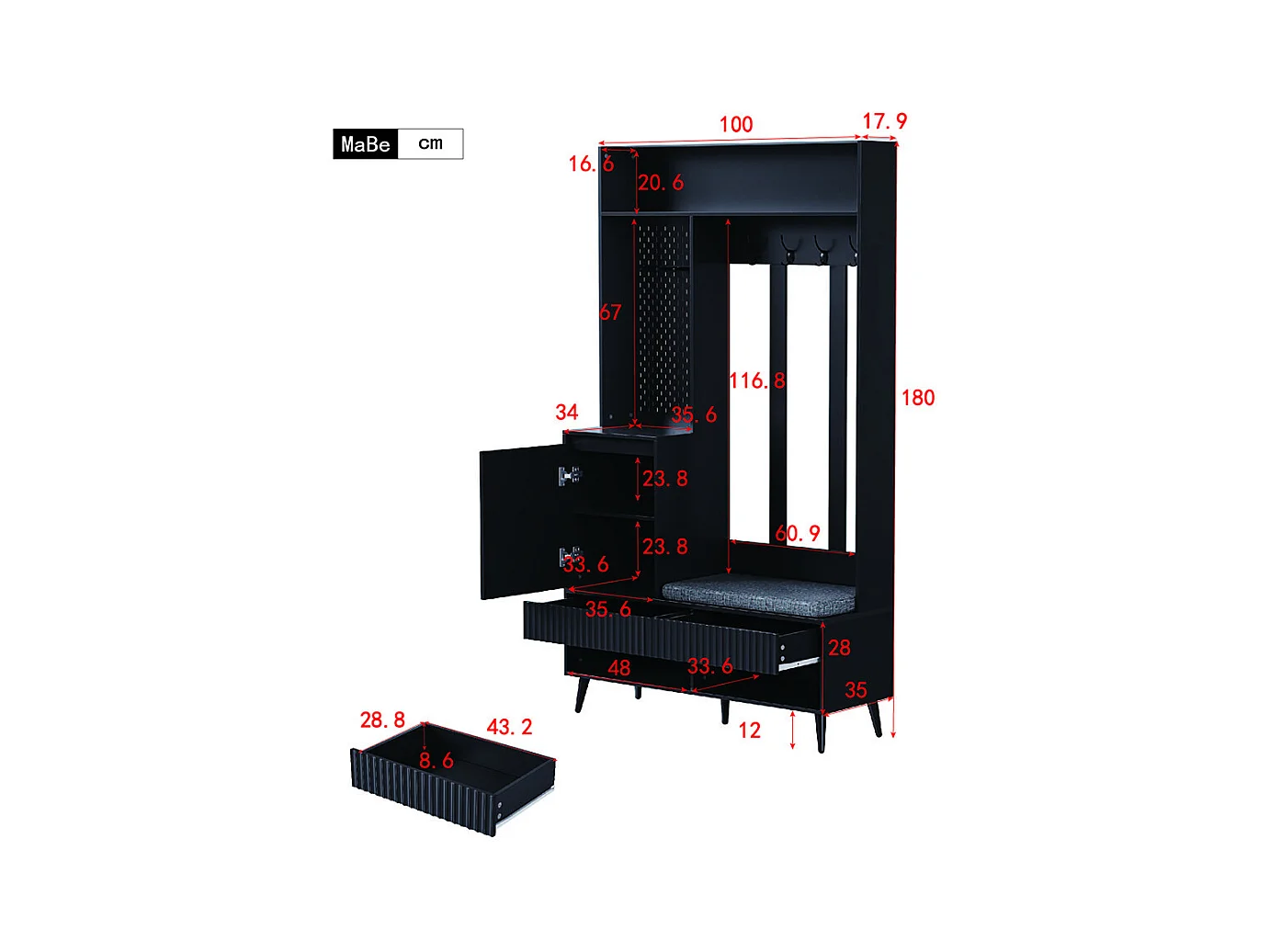 Vestiaire noir porte-manteau mural banc à chaussures 4 crochets deux tiroirs 1 porte