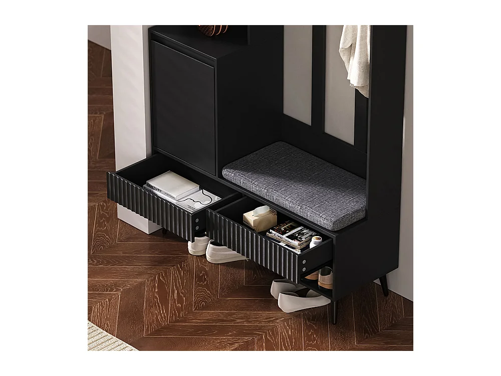 Vestiaire noir porte-manteau mural banc à chaussures 4 crochets deux tiroirs 1 porte