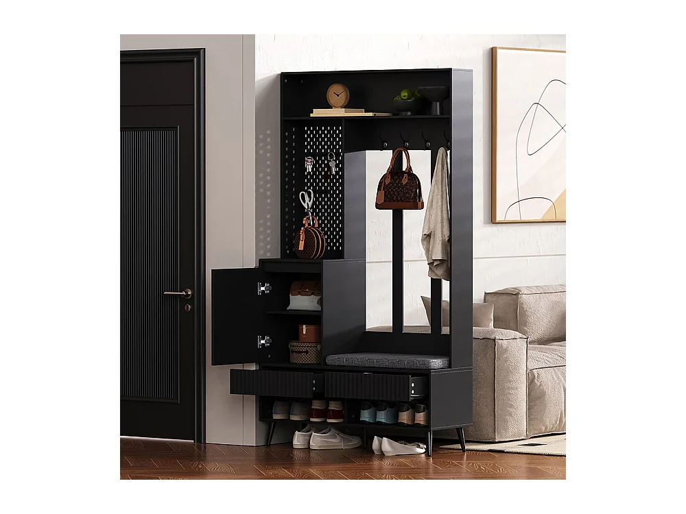 Vestiaire noir porte-manteau mural banc à chaussures 4 crochets deux tiroirs 1 porte