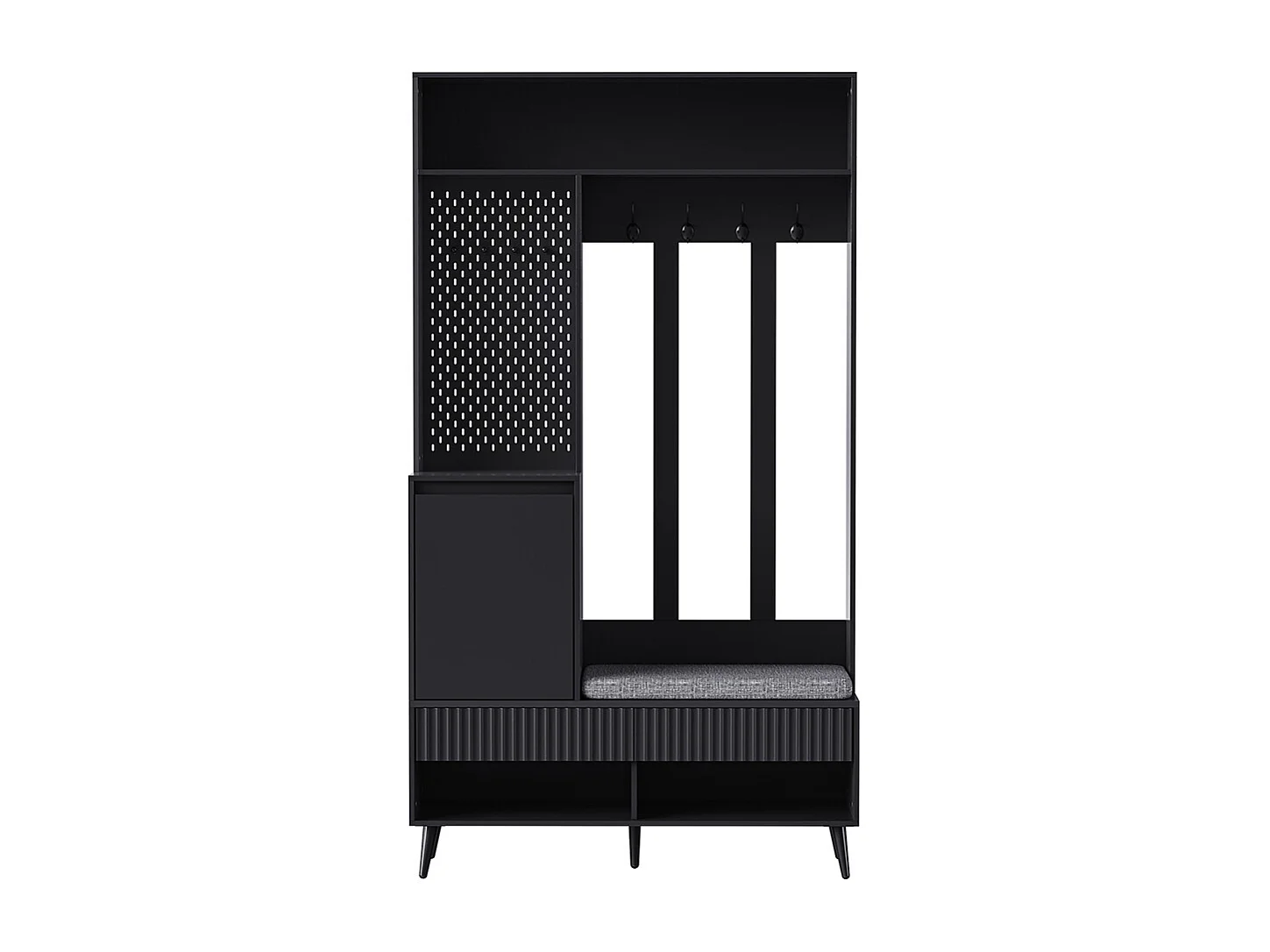 Vestiaire noir porte-manteau mural banc à chaussures 4 crochets deux tiroirs 1 porte