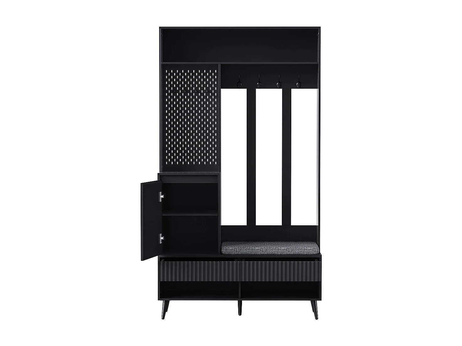 Vestiaire noir porte-manteau mural banc à chaussures 4 crochets deux tiroirs 1 porte