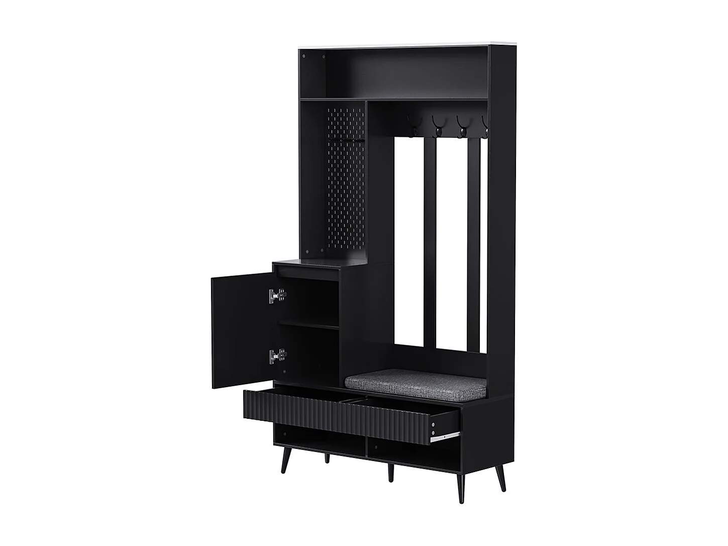 Vestiaire noir porte-manteau mural banc à chaussures 4 crochets deux tiroirs 1 porte